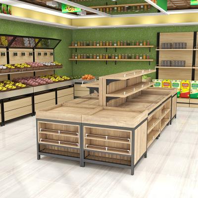 China Double Sided Wooden Rice And Grain Shelf Supermarket Display Rack for sale