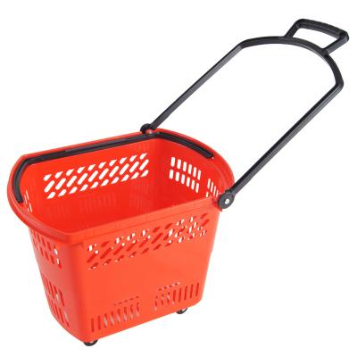 China HDPP Plastic Shopping Basket With Handles And 4 Wheels Shopping Cart for sale