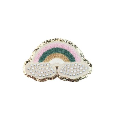 China custom 3D letter applique rainbow sew on beads and clouds white cartoon apparel jacket fashion for clothes chenille patches for sale