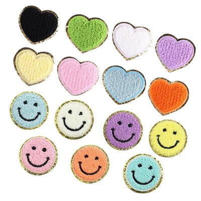 China custom hot sale 3D sequin gold face patch embroidery smile glitter patches Chenille heart patches for apparel for sale