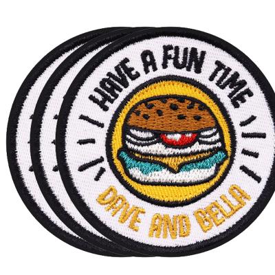 China Fashion Round Shape Hamburger Pattern Badge Machine Handmade Appliqued Self Adhesive Patches For Clothes Embroidery Badge for sale