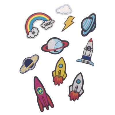 China OEM 3D Apparel Accessories Planet Rocket Clouds Rainbow Embroidery Shoes Bag Apparel Decoration Back Patch Tape for sale