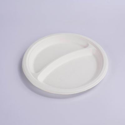 China 100% Biodegradable Sugarcane Pulp Bagasse Pulp Round Dishes Water Repellent White 2 3 Compartment 9 10 Inch Dishes for sale