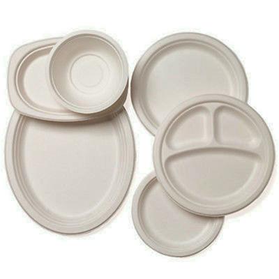 China 9 10 Inch Sugar Cane Pulp Bagasse Water Repellent 3 Compartment Round Dishes Eco Friendly Biodegradable Food Dishes for sale