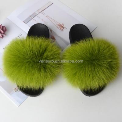 China 2021 New Women's Real Fox Fur Slippers Women's Breathable Hairy Fox Fur Slides Slippers Women's Slippers Wholesale for sale