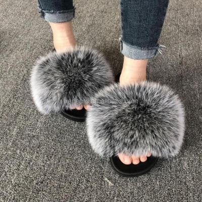 China Custom Large Fur Slides Women's Natural Fur Slides Full Fox Breathable Extra Fluffy Fur Slippers Large for sale