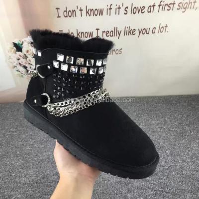 China Real Crystal Chain Belt Women Boots Winter Warm Fashion Women Wool Leather Fur Snow Boots for sale