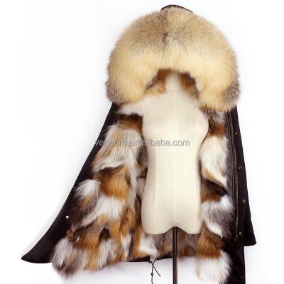 China Long winter ladies fox fur collar wholesale warm fox fur striping coat women real fur parka jacket for sale