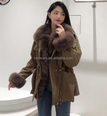 China Rex Fur Lining Parka Women's Long Fox Fur Coat Jacket Ladies Winter Warm Wholesale Fox Fur Collar for sale