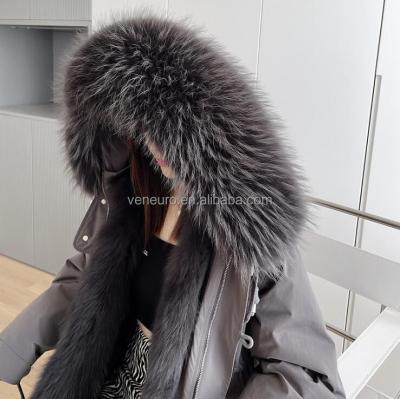 China Long Fox Fur Coat Jacket Rex Fur Lining Parka Women Winter Ladies Raccoon Fur Collar Wholesale Warm for sale