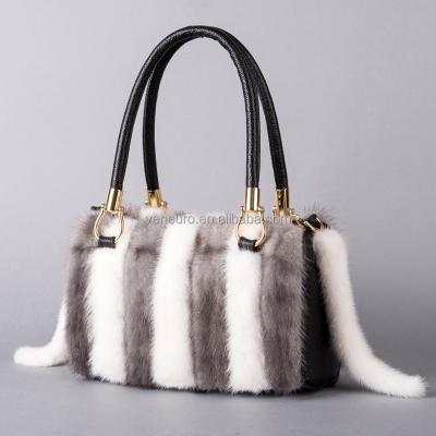 China Others Leather Mink Fur Fashion Bag Pink And White Fur Shoulder Travel Bags For Women for sale