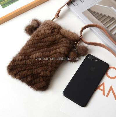 China Fashion Women Real Mink Fur Knitted Purse Mini Hand Phone Purse Luxury Mink Fur Bags for sale