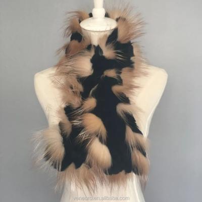 China Rex Rabbit Fur Scarf With Cozy Warm Knitted Handmade Fox Fur Trim Women Scarf for sale