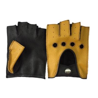 China Plain Factory 2 Colors Matching Deerskin Sport Leather Brown And Black Half Finger Driving Gloves for sale