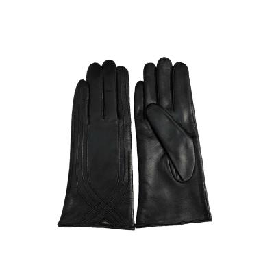 China Comfortable Ladies Leather Backed Lines Stripes Sheepskin Decoration Wool Lining Leather Gloves for sale