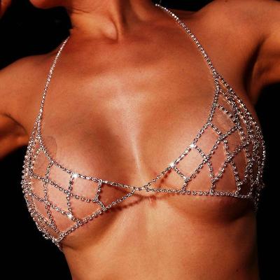 China Pretty Sexy Popular Trend Exaggerated Mesh Cutout Bikini Body Chain Set Summer Fashion Rhinestone Underwear Chest Snap Chain for sale