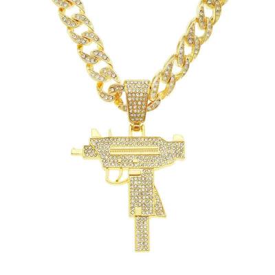 China Trendy Personality Exaggerated Fashion Nightclub Full Diamond Gun Necklace Men's Punk Accessories Street Cool Pendant Trendy Cuban Chain for sale