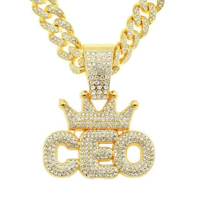 China CEO full diamond crown hip hop men's street dance nightclub fashion accessories letter pendant TRENDY necklace for sale