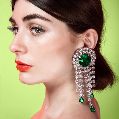 China Hot FASHIONABLE High Grade Temperament Tassel Rhinestone Earrings Emerald Exquisite Party Earrings Square Exaggerate Pierce Jewelry for sale