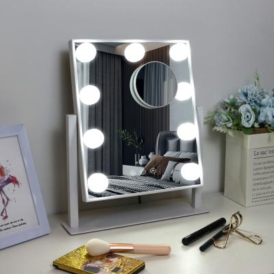 China 360 Rotation Lighted Cosmetic Mirror With 9 Bulbs 3 Dimmable Color Lighting Hollywood Vanity Mirror for sale