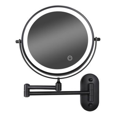 China Lighted Wall Mounted Vanity Adjustable Magnifying Mirror With Arm Black Wall Mounted Magnifying Mirror With Led Light for sale