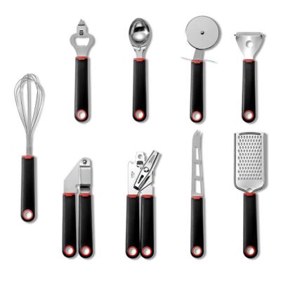 China Stocked 9 /set Stainless Steel Kitchenware Utensils with Plastic Handle Peeler Egg Beater Garlic Press Spoon Bottle Opener Pizza Cutter for sale