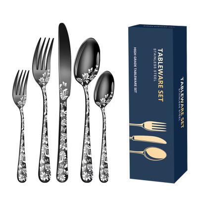 China Stocked 20pcs Patterns Stainless Steel Cutlery Set Spoon Fork Knife Gold Silver Rose Gold Kitchen Tableware Silverware Dinnerware Set for sale