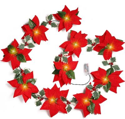 China Beautiful Decorations Garland String Lights, 8FT Artificial Christmas Tree Poinsettia Christmas Flower Ornaments with Red Berries Holly Leaves for sale