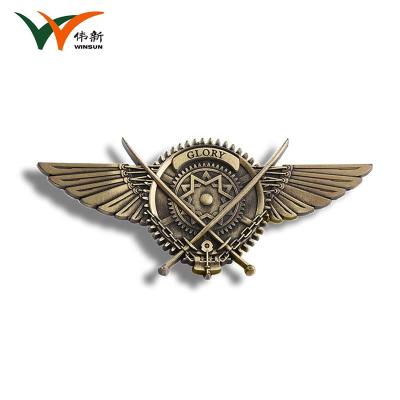 China Wings Antique Bronze Metal Pin Badges Promotional Gifts 78*35mm Size for sale