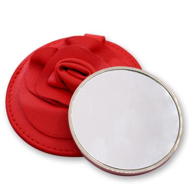 China Red Portable Travel Mirror / Small Round Vanity Mirror With Flower Design for sale