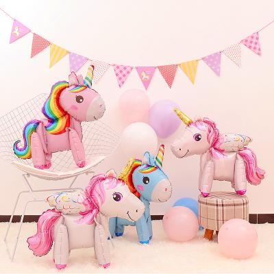 China Aufrufbar Cute Cartoon Unicorn Aluminum Foil Balloon Stand Mehrfach Self Securely 3D Unicorn Balloons Birthday Party Baby Shower Decoration for sale