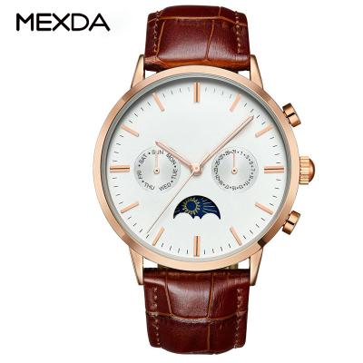 China High quality genuine moonphase stainless steel case leather strap custom logo mexda day/date watch multi function watches for men for sale