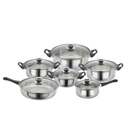 China Good viable price of 12pcs cookware set with lid fry pan soup pot stock pot stainless steel glass cookware set for sale