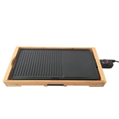 China Healthy Ceramic Coating Teppanyaki Grill Rectangle Bamboo Electric Grill With Detachable Plate for sale