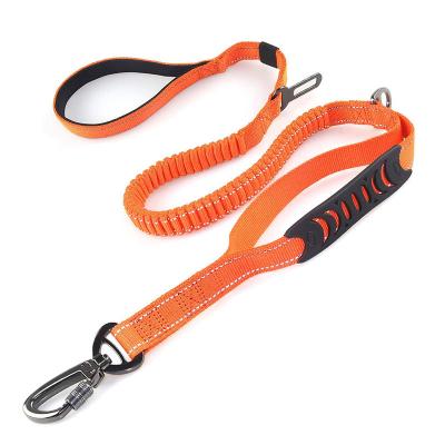 China Hot Sale Factory Custom Amazon Direct Custom Heavy Duty Reflective Double Logo Handles Nylon Bungee Dog Leash With Seat Belt For Pet for sale