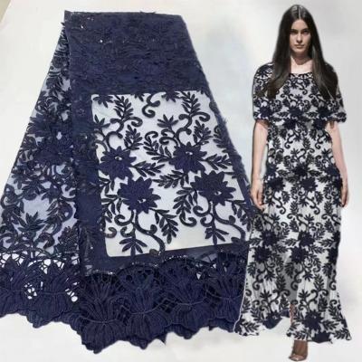 China Dark Blue 3D Flower Lace 2022 High Quality Embroidered African Swiss Bridal Women Tulle Sequins Dress Dress New 3D Lace Up Designs for sale