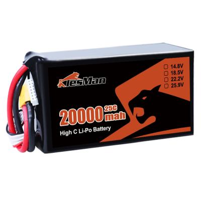 Κίνα KlesMan 6S 22.2V 20000mAh 25C 100C FPV Drone Lipo μπαταρία με 130 * 72 * 43mm Μέγεθος και 800 φορές κύκλο ζωής προς πώληση