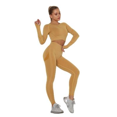 China 2pcs/set Women's Breathable Yoga Set Tops Workout Sportswear Gym Clothing Fitness Long Sleeve Crop Tops Leggings Sports Suits for sale