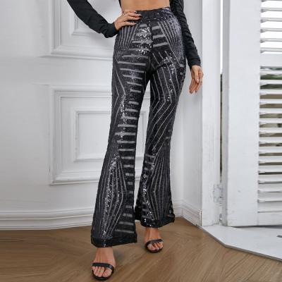 China Breathable Casual Black High Waist Pants Women Flare Sequin Trousers for sale