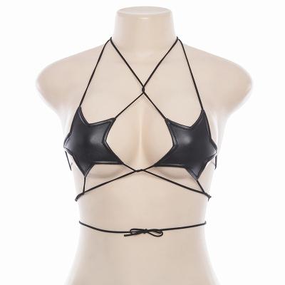 China Spandex/Polyester String Gothic Black Pentagon Lace Up Micro Bikini Top Hollow Out Backless Swim Summer Vacation Women Top Sexy Punk Swimwear for sale