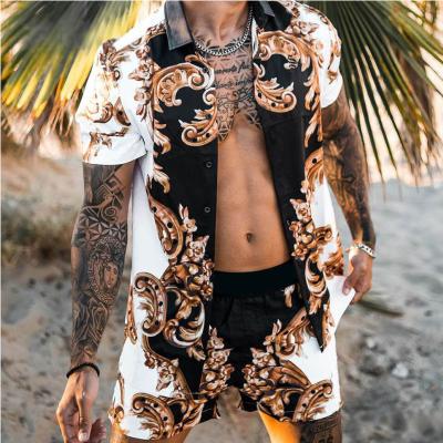 China Summer Athletic Men's Leisure Sports Suits Harajuku Japanese Brand Loose Short Sleeve Lapel T-shirt Tops Capri Pants Men for sale