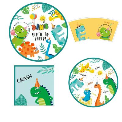 China Disposable Dinosaur Party Supplies Set Paper Plate Disposable Custom Paper Plate Cups Napkin Banner for sale