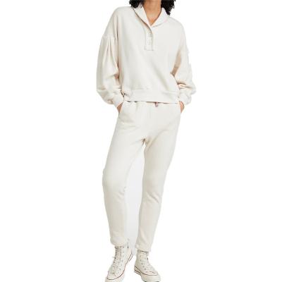 China 2021 Breathable Active Women 2 Pieces Custom Spring Casual Gym Long Sleeves Tracksuit Ivory Color Cotton Jogger for sale