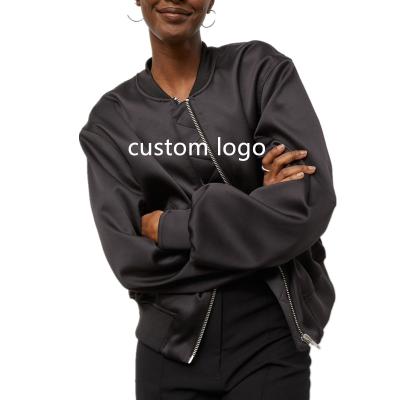 China Plus Size Fashion Polyester Black Winter Women's Custom Logo Ladies Satin Bomber Jackets With Zipper for sale