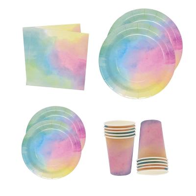 China Rainbow Design and OEM Custom Design Rainbow Party Theme Birthday Dishes Disposable Napkin Cup Paper Sets Birthday Party Supplies tableware kids dinnerware kit set for sale