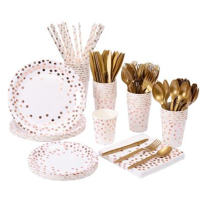 China White Gold Round Dot Rose Gold Dot Luxury Wedding Hotel Restaurant Dinnerware Set With Cup Round Party Napkin Cutlery Dishes Disposable Dinnerware Set for sale