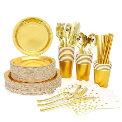 China White Gold Round Dots Gold Disposable Tableware Paper Napkin Paper Plates Cup Tableware Set Party Supplie for sale