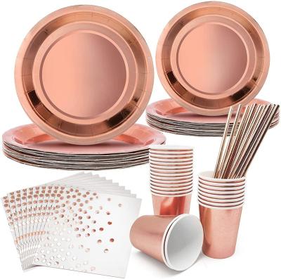 China White Gold Round Dots Rose Gold Party Supplies Tableware Aluminum Foil Plates Disposable Napkins Cups Gold Tableware Set for sale