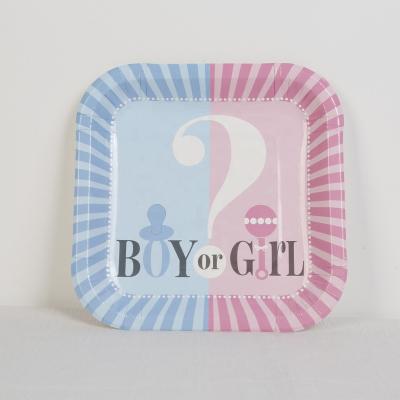 China Disposable Eco-friendly Square Blue And Pink Sex Paper Plate Cup And Towel Set For Boys Over Girls Store for sale