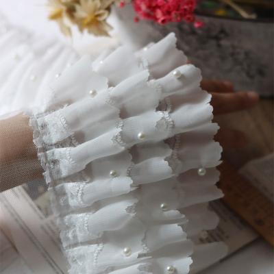 China Diy Handmade New Decorate White Pleated 100% Polyester Lace Ribbon Lace Trim With Pearl for sale